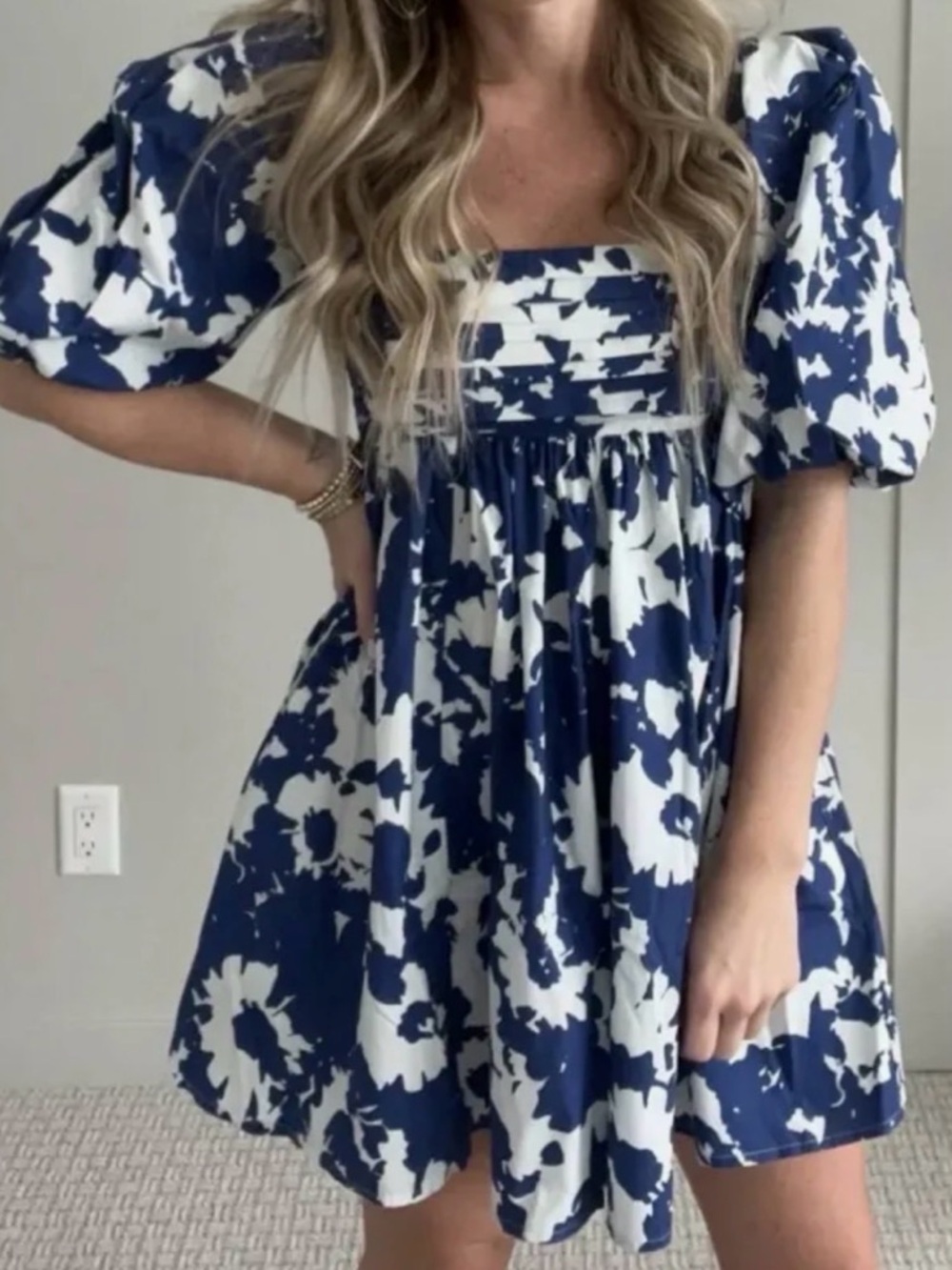 Navy and White Puff Sleeve Floral Babydoll Dress